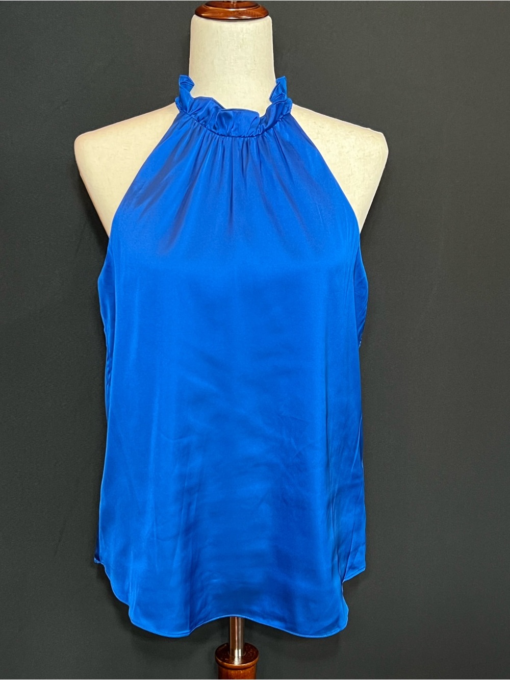 White House Black Market Cobalt Blue Ruffle Halter Satin Tank